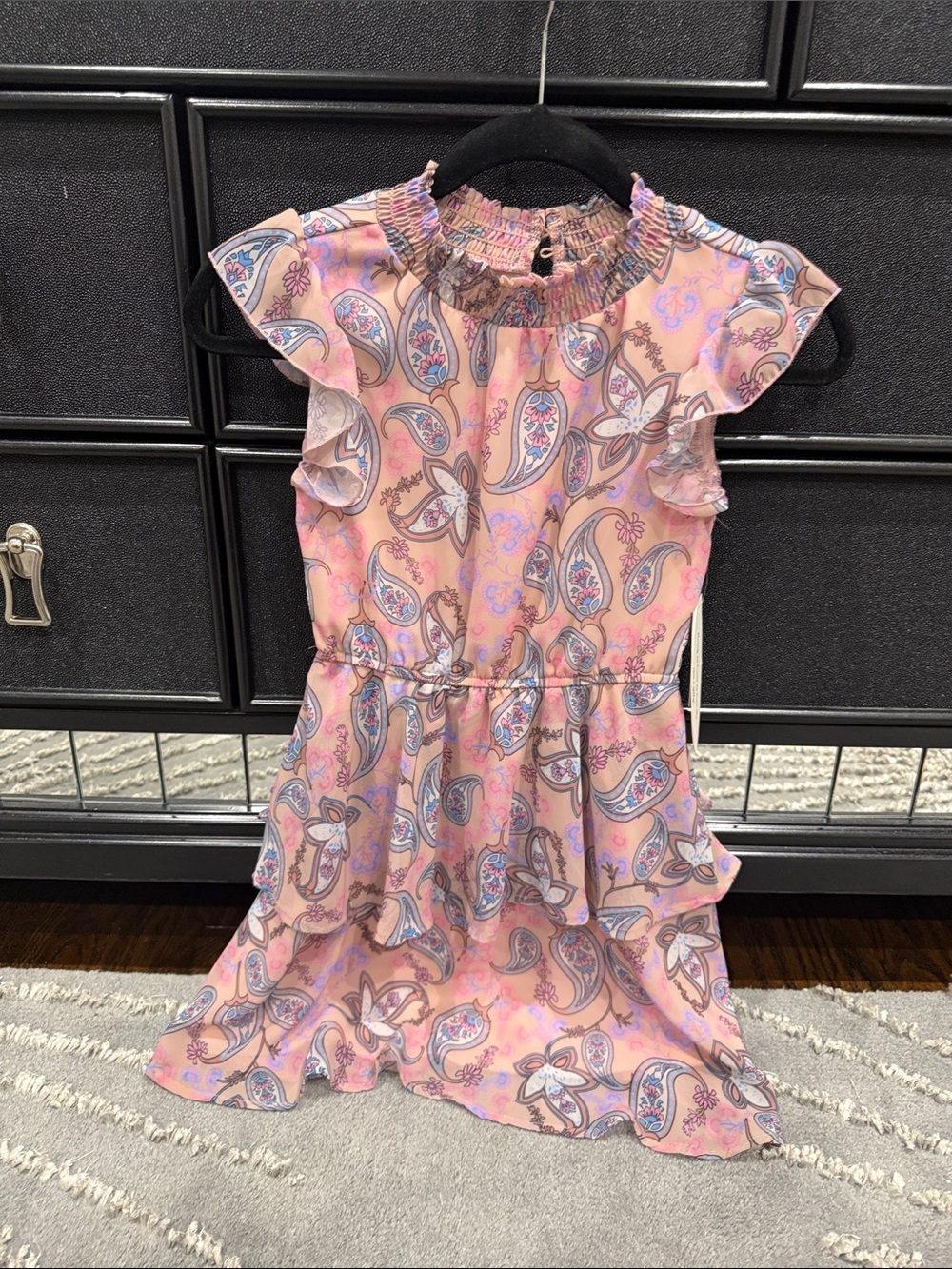 Girls' Paisley Smocked Neck Flutter-Sleeve Dress in Soft Pink